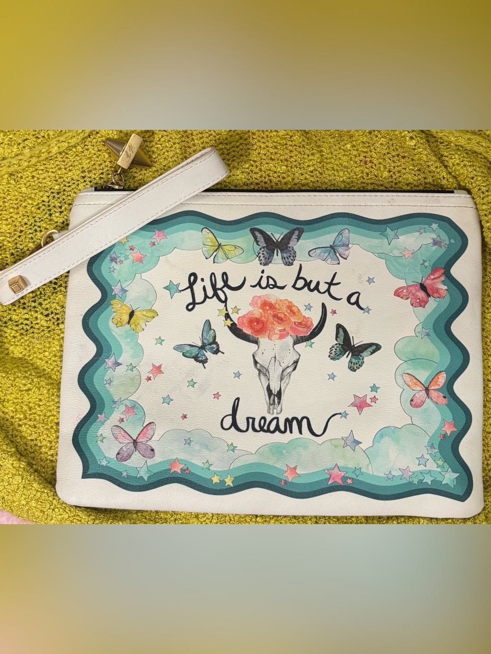 Life Is But a Dream White Floral Butterfly Cosmetic Pouch